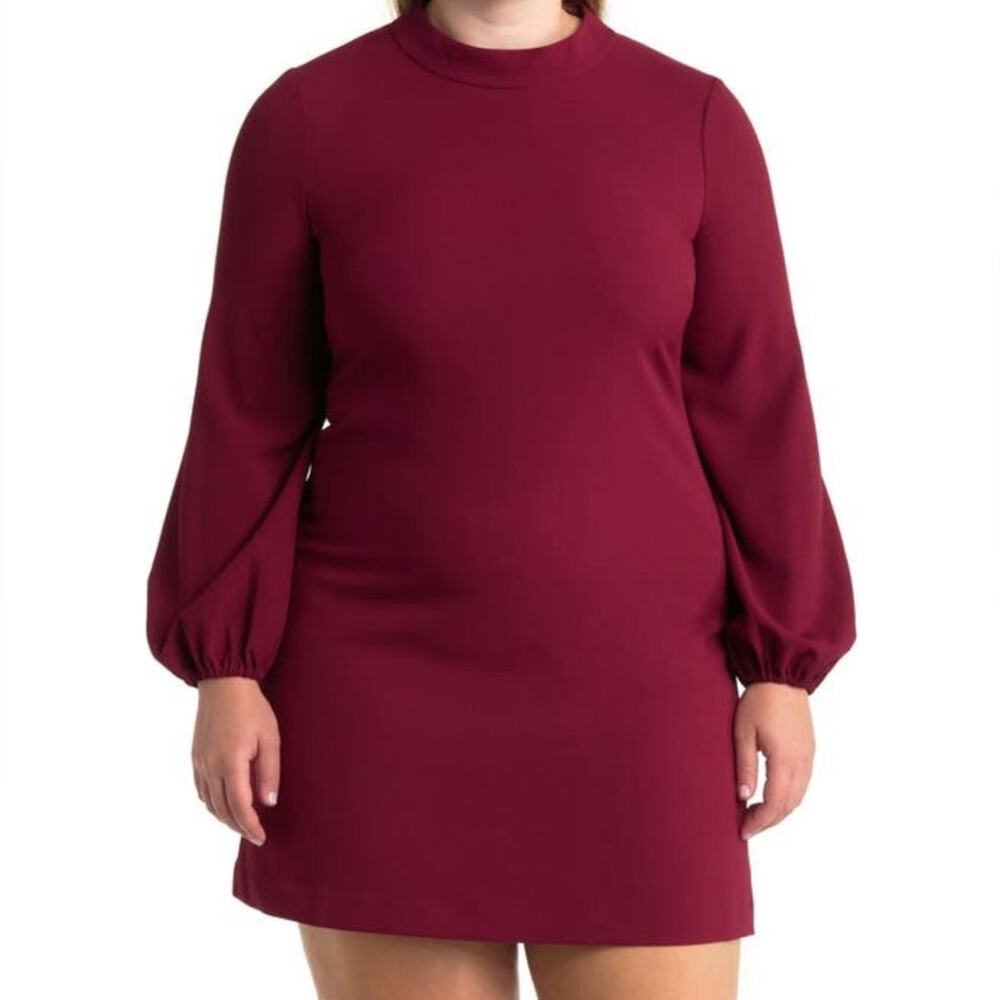 Eliza J Mock Neck Balloon Sleeve Crepe Shift Dress- Wine Size 8